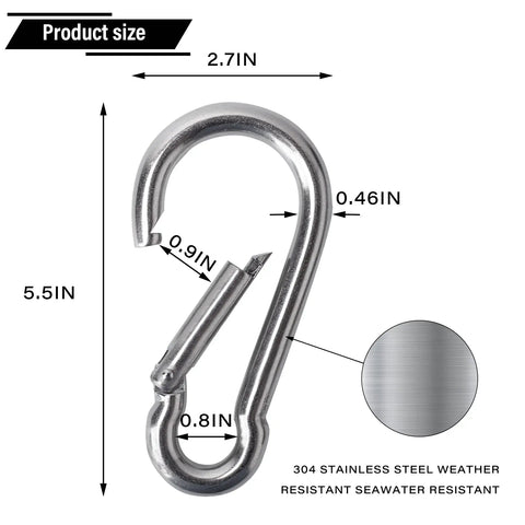 Beefy 5.5 Inch Carabiner Clips Set Of 2 Stainless Steel 304 Snap Hooks, rustproof, dimensions marked, for camping and rope bonding.