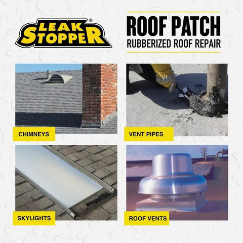 29 Oz Leak Stopper Roof Patch, Fiber Reinforced Rubberized Trowel Grade Sealant For Roof Leaks used on chimneys, vent pipes, skylights, and roof vents. Made in USA.