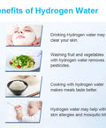 Benefits of hydrogen water including skin care, washing produce, cooking, and alleviating allergies shown in graphical format.