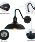 Detail view of Gooseneck Outdoor Barn Light With LED Bulb Black Farmhouse Porch Fixture Dusk To Dawn, showing metal, arm, and sensor