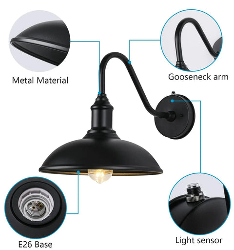 Detail view of Gooseneck Outdoor Barn Light With LED Bulb Black Farmhouse Porch Fixture Dusk To Dawn, showing metal, arm, and sensor