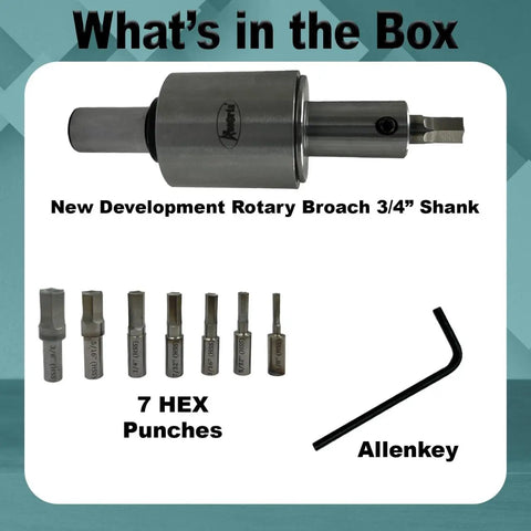 Precision Rotary Broach Set With 3/4 Inch Shank And 7-Piece HSS Hex Punch Kit For CNC Lathe, Milling And Drilling Machines