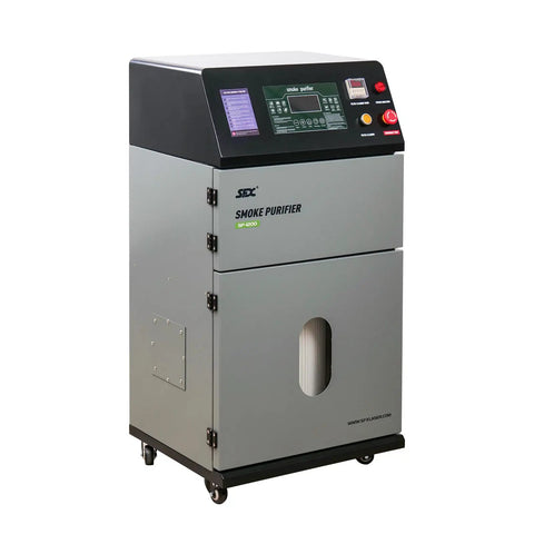 Heavy Duty 1200W Laser Smoke Purifier And Fume Extractor With Auto Backflush Plus H13 True HEPA Filter side view with control panel.