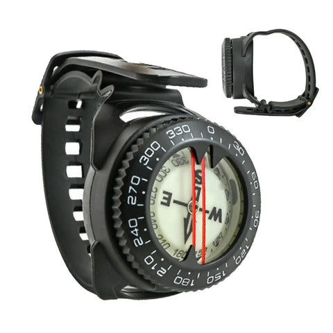 All Weather Dive Compass With Built In Light for hiking, kayaking, camping; shown with band and phosphorescent coating