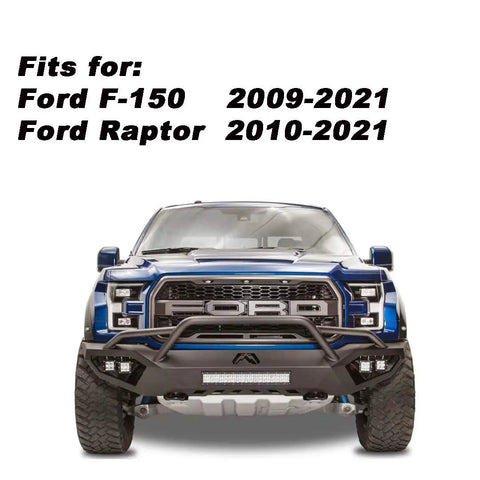 Front view of Ford F-150 Raptor with text listing fitment years, related to Antenna Delete Cap Kit For RAM 1500 And Ford F-150 Raptor Trucks, 2009-2026.