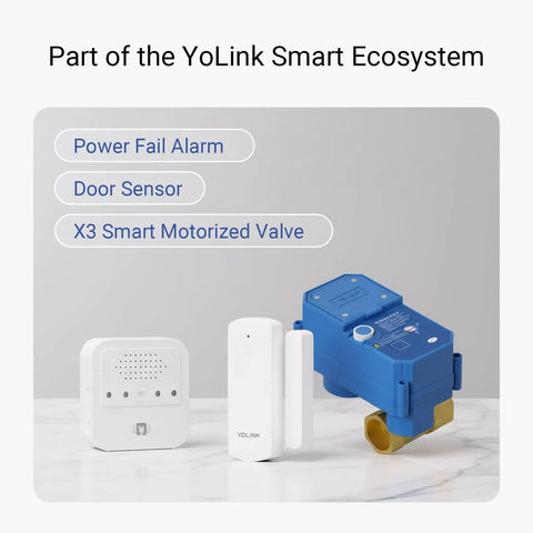 YoLink smart ecosystem devices including power fail alarm, door sensor, and X3 motorized valve
