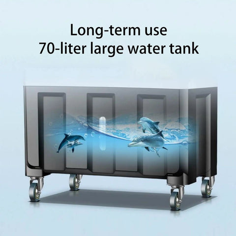 Portable Air Conditioner With Massive Water Tank And Free Ice Packs To Keep Your Space Chill As Ice All Day Long Includes Wireless Remote And Smooth Roll Casters For Bedroom Or Office 70L water tank with dolphin design.