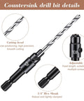 Close-up of a Five Piece Countersink Drill Bit Set With One Quarter Inch Hex Shank, Tapered Adjustable Depth Bits for precision drilling.