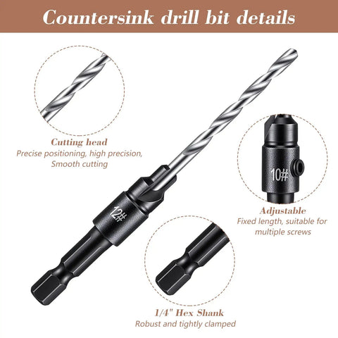 Close-up of a Five Piece Countersink Drill Bit Set With One Quarter Inch Hex Shank, Tapered Adjustable Depth Bits for precision drilling.
