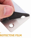 Close-up of protective film being peeled from Flat Corner Brackets Set For Furniture And Shelves, Stainless Steel Mending Plates.