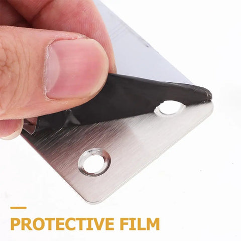 Close-up of protective film being peeled from Flat Corner Brackets Set For Furniture And Shelves, Stainless Steel Mending Plates.