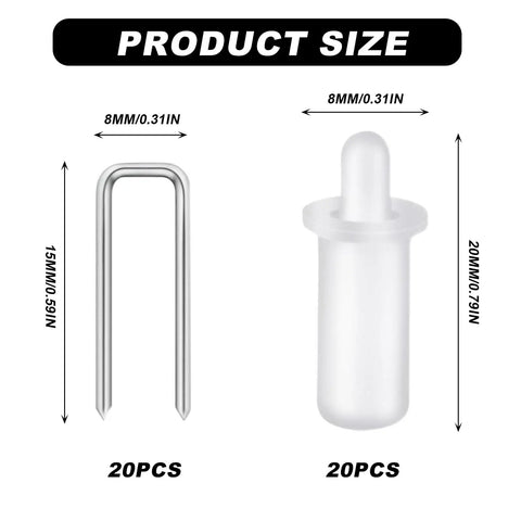Image showing dimensions of heavy duty pivot pins and retention clips in repair kit for plantation shutters.