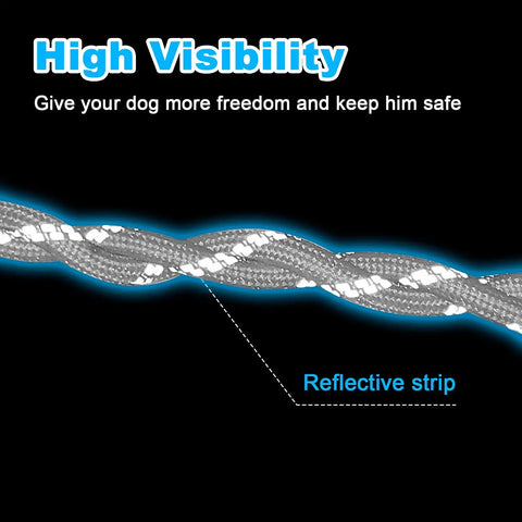 Close-up of Backyard Dog Zipline Kit With 100 Ft Run Line And Trolley showing reflective strip for high visibility.