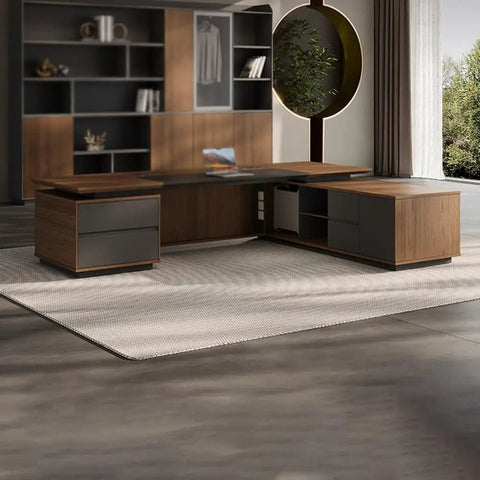 Boss Mode Executive Computer Desk For Home Office Large Standing Workstation Blending Retro Charm With Modern Vibes durable manager table in spacious office setting.