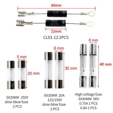 Home Microwave Oven Repair Kit with High Voltage Capacitor 2100V 1.0uF Diode CL01 12 Slow Blow Fuse components diagram