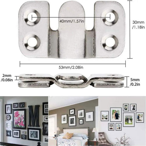 Beefy Heavy Duty Stainless Steel Flush Mount Brackets With Interlocking Clips For Picture Frames, close-up with measurements