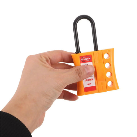 Badass Multi User Insulated Nylon Lockout Hasp With Four Reinforced Holes For Safety Tagout Protocols Built Tough held in hand.