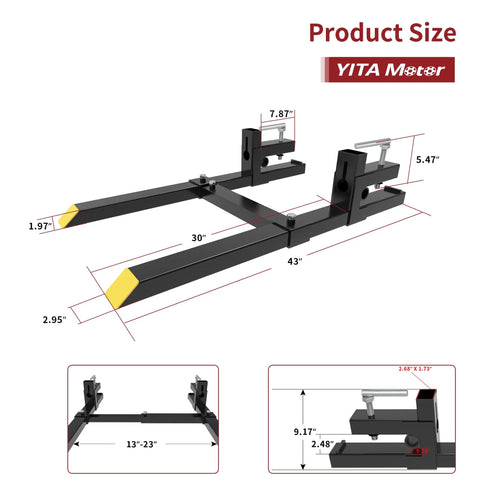 Heavy Duty 2000Lbs Clamp On Pallet Forks For Tractor Loader And Skid Steer Quick Attach With Adjustable Stabilizer Bar 43 Inch Forks diagram