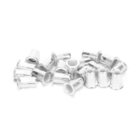 200 Pc M6 Aluminum Rivet Nuts Pack Zinc Plated Hex Body Fasteners close-up view showing silver self-clinching inserts.
