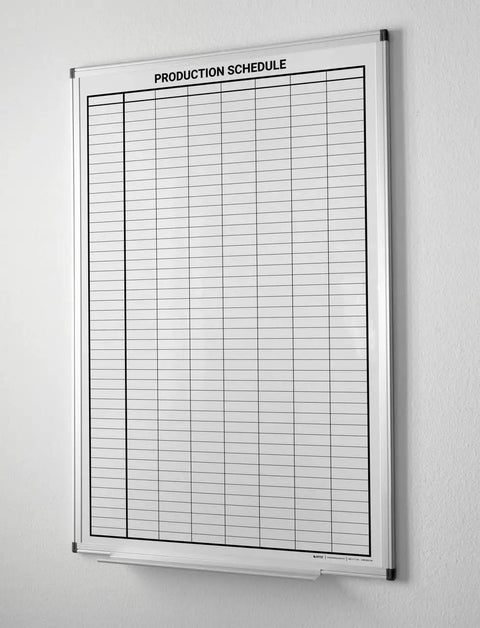 Wall mounted magnetic dry erase whiteboard for production scheduling with aluminum frame and marker tray, 36 by 24 inches.
