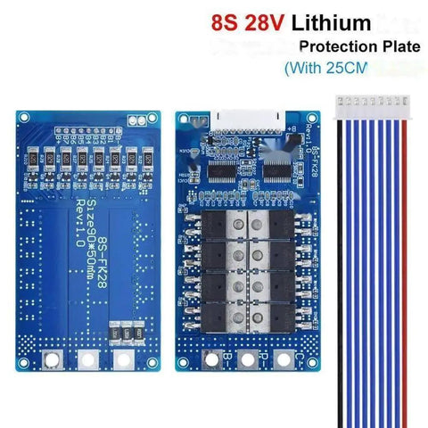Built Different 8S 28V 28A Battery Management System Board with protection plate for lithium ion pack assembly.