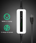 Plug And Play Level One Ev Charger Portable Charging Cable With Twenty Foot Cord Straight From Wall Socket Using SAE J1772 Plug, showing NEMA 5-15 plug and 15A output design.