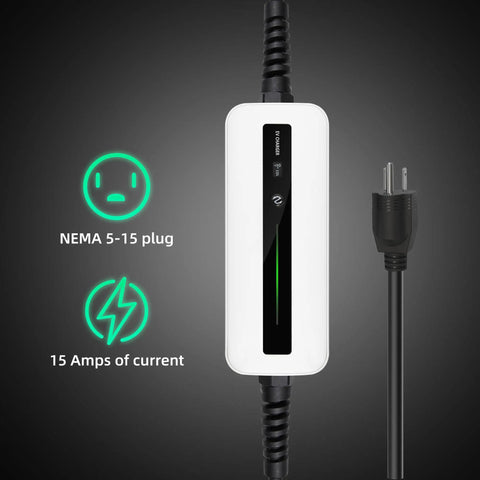 Plug And Play Level One Ev Charger Portable Charging Cable With Twenty Foot Cord Straight From Wall Socket Using SAE J1772 Plug, showing NEMA 5-15 plug and 15A output design.