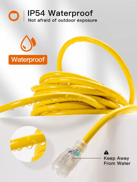 25 Ft Outdoor Extension Cord 12 Gauge SJTW Heavy Duty Waterproof Yellow 3 Prong Power Cable coiled with waterproof indicator