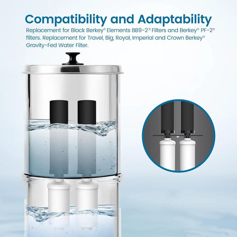 Gravity Water Filter No-Fuss Replacement Kit for Berkey BB9-2 Black and PF-2 Fluoride Filters shown in use with water filtration system.
