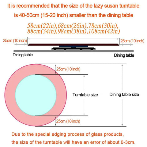 Diagram showing size comparison for Black Glass Round Dining Table Turntable 360 Degree Rotating Tray Lazy Susan Game Changer Big Serving Plate 10mm Tempered Glass Silent Safe 22 To 42 Inch Adjustable Glass Top For Easy Entertaining.