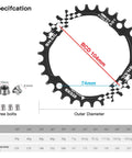 104 BCD Narrow Wide Bike Chainring For 1X Drivetrain 30T To 52T Range with specifications and sprocket bolts visible