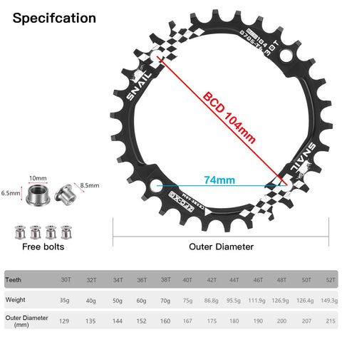 104 BCD Narrow Wide Bike Chainring For 1X Drivetrain 30T To 52T Range with specifications and sprocket bolts visible