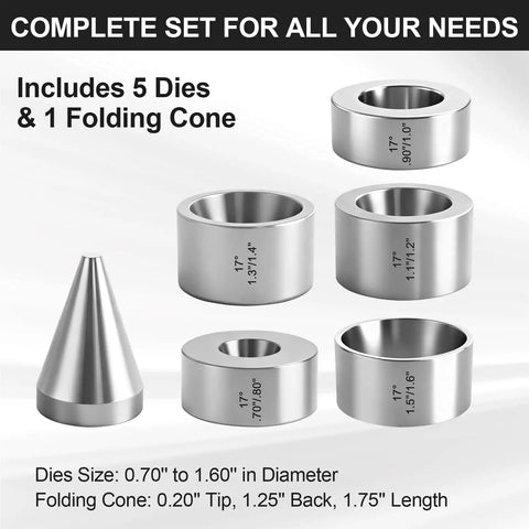 17 Degree Folding Reduction Die Set 5 Piece Pro Grade Heavy Duty Stainless Steel Stabilizer Folding Cone Dies With Size And Degree Markings