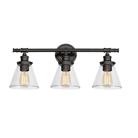 Three-Light Vanity Fixture In Oil Rubbed Bronze With Clear Glass Shades for Over-Mirror Bathroom front view