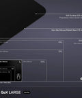 Diagram showing size comparisons of QcK Large Gaming Mousepad with non-slip silicone rubber base and pro-grade surface.