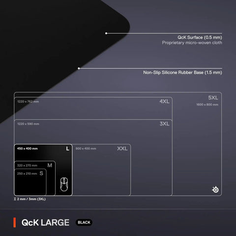 Diagram showing size comparisons of QcK Large Gaming Mousepad with non-slip silicone rubber base and pro-grade surface.