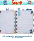 Open Stitch Tab Journal Spiral Notebook Set With Ballpoint Pen And Sticky Tabs And Totally Colorful Section Dividers 80 Sticky Note Tabs 8x7 Inch Blue Cover Lined Pages With Stitch Artwork Perfect Gift For Fans And Students showing detailed artwork and sticky tabs on lined pages.