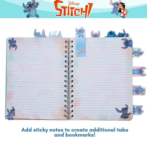 Open Stitch Tab Journal Spiral Notebook Set With Ballpoint Pen And Sticky Tabs And Totally Colorful Section Dividers 80 Sticky Note Tabs 8x7 Inch Blue Cover Lined Pages With Stitch Artwork Perfect Gift For Fans And Students showing detailed artwork and sticky tabs on lined pages.