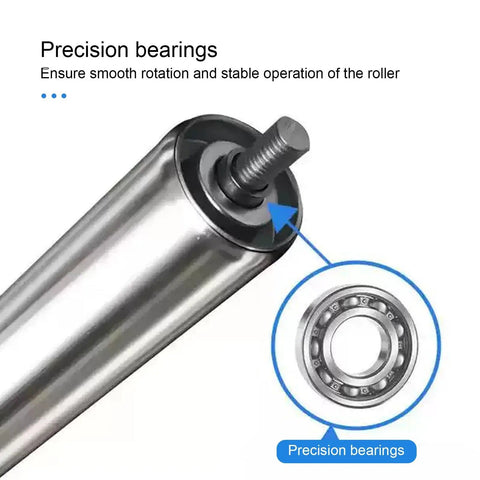 Close-up of 4 Stainless Steel Roller Wheels Set Heavy Duty Non Driven Load Rollers For Commercial Conveyors with precision bearings.