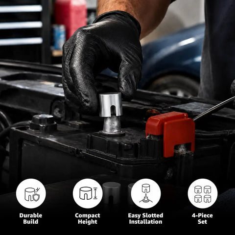 Premium Heavy Duty Battery Post Shims Caps Set Of 4 For Positive And Negative Terminals Rustproof Lead Clamps To Fix Loose Cables On Cars Trucks And Most Vehicles Guaranteed Safe Tight Connections Always, battery terminal install