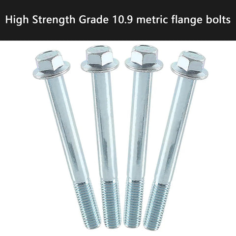 Top Shelf Heavy Duty 12 Piece Engine Stand Bolt Kit Featuring Metric Flange Bolts With Rust Proof Zinc Finish For Ls1 Ls2 Ls3 Ls6 53l 60l 62l V8 Motors showing four Grade 10.9 metric flange bolts.