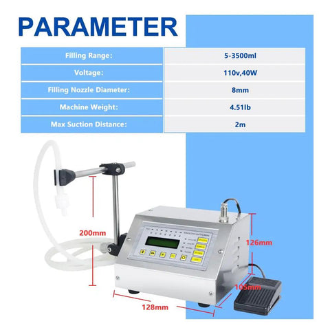 Compact Digital Control Liquid Filling Machine 5 To 3500ml With Pedal Or Auto Modes featured with control panel and nozzle.