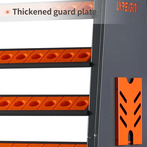 Close-up of Beefy Heavy Duty Tool Holder Rack For Machining Shops And Garages With Eight Row CAT40 Organizer showing guard plate.