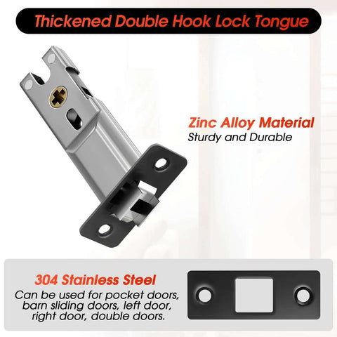 Thickened double hook lock tongue made from zinc alloy for Matte Black Pocket Door Lock Set With Privacy Indicator, 304 stainless steel parts visible.
