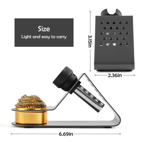 Premium Soldering Iron Holder With Brass Coil Tip Cleaner Kit No Water Needed Black Heavy Duty Stand dimensions shown