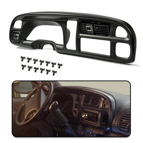 Front view PIT66 dash bezel cover for Dodge Ram with vents; black plastic, mounting screws included.
