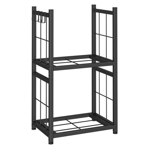 Two Tier Indoor And Outdoor Firewood Rack Portable Heavy Duty Easy To Assemble With Four Hooks In Sleek Black Finish