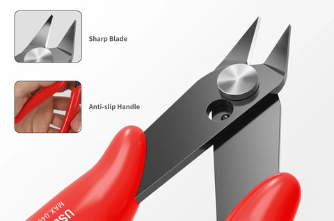 Close-up view of Two Pack 5 Inch Flush Cutters Spring Loaded Micro Wire Cutters Zip Tie Cutter for electronics jewelry 3D printing