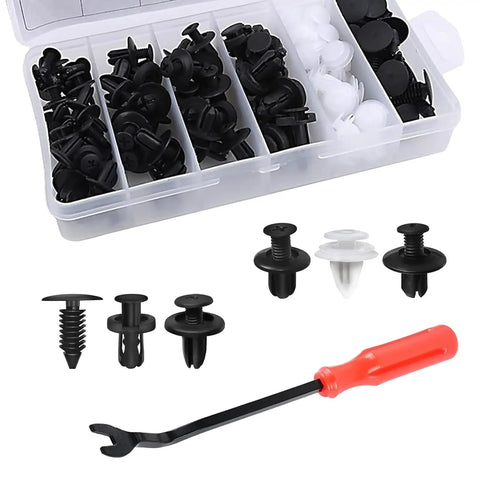 100 Pcs Car Rivets Fasteners Kit With Multi Size Bumper Retainer Clips And 6 Inch Removal Tool in a plastic box