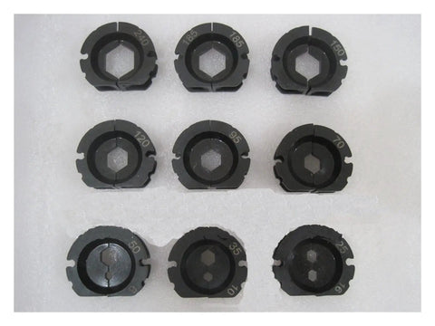 Nine quick swap steel dies for Industrial Pneumatic Terminal Crimping Machine, sizes include 240 to 25 square millimeter.